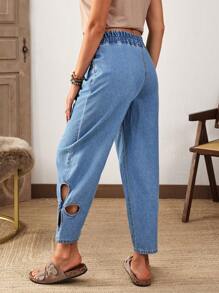 EMERY ROSE Women's Elastic Waist Floral Hollow Out Tapered Jeans - Blue - View 2