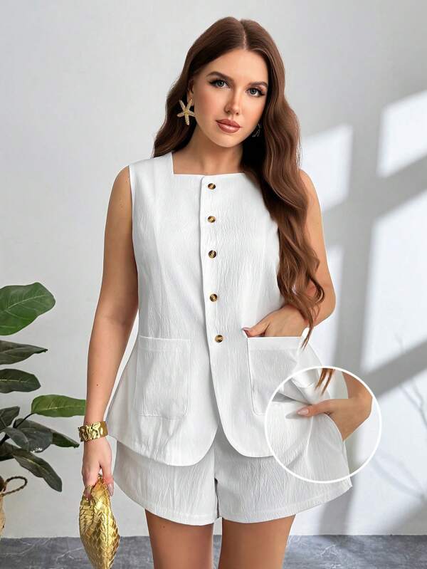 Firerie Plus Size Sleeveless Crop Top With V-Neck & Pockets + Loose Casual Shorts With Pockets; Elegant Outfit Set For Formal Occasions Or Dates