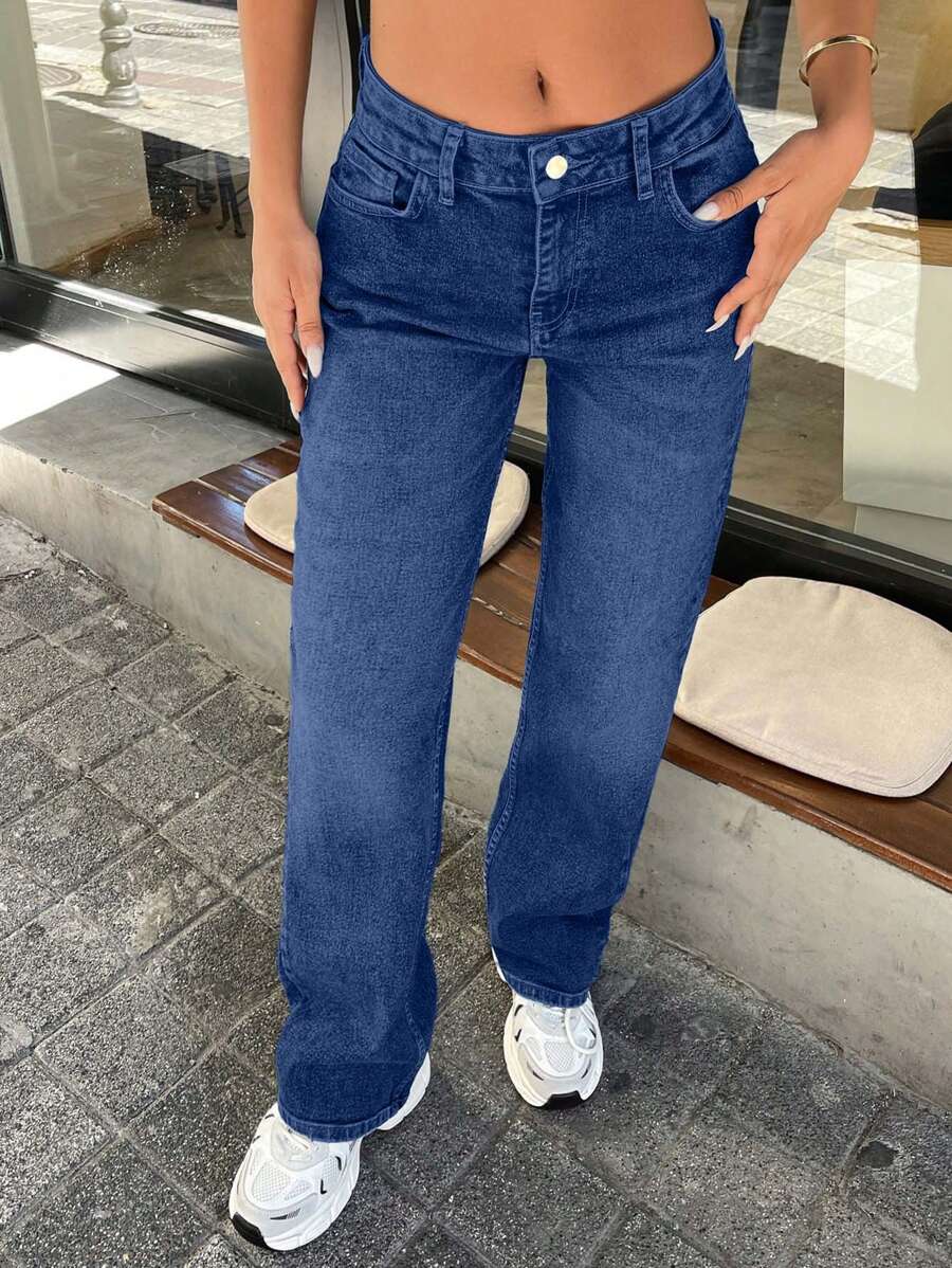 SHEIN Cottnline 96% 棉直筒中腰牛仔裤 - 深色水洗藍 - 查看 1