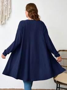 SHEIN LUNE Plus Size Plain Color Ribbed Knit Cardigan For Spring And Autumn Winter Clothes,Fall Women Clothes,Fall Clothes For Women - Navy Blue - View 2