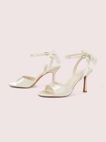 CUCCOO DOLLMOD Women Beige Satin Pearl & Bow Decor Elegant Fashion Round Toe Ankle Strap High Heel Sandals - Beige - View 9