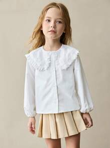 YOUNG GIRLS College Style Cute Peter Pan Collar White Shirt,Cute Tops,Flower Girl Dress,Girls Clothes,Young Girl Girl Clothes,Girl Shirts,Girl Tops For School - White - View 1