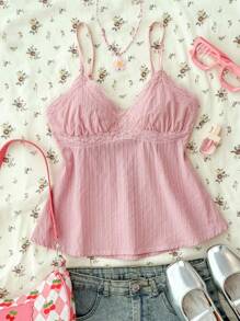 少女粉色蕾丝吊带背心 - 优雅纯色蕾丝边吊带背心，适合夏季、度假、休闲、居家、BM 风格