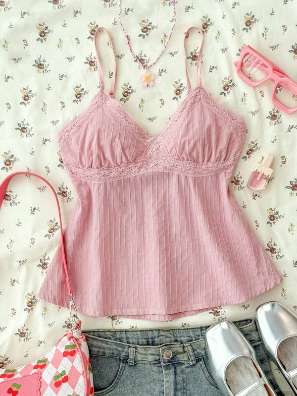 Rosa Spitzen-Camisole-Top für Teenager-Mädchen – Elegantes Camisole-Tank Top mit einfarbigem Spitzenbesatz, geeignet für Sommer, Urlaub, Freizeit, Zuhause, BM-Stil