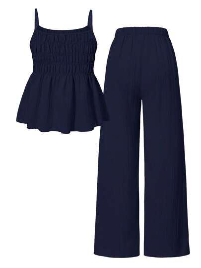 SHEIN 2pcs/Set Teen Girls Camisole Top And Wide Leg Pants Set, Casual Summer Outfits