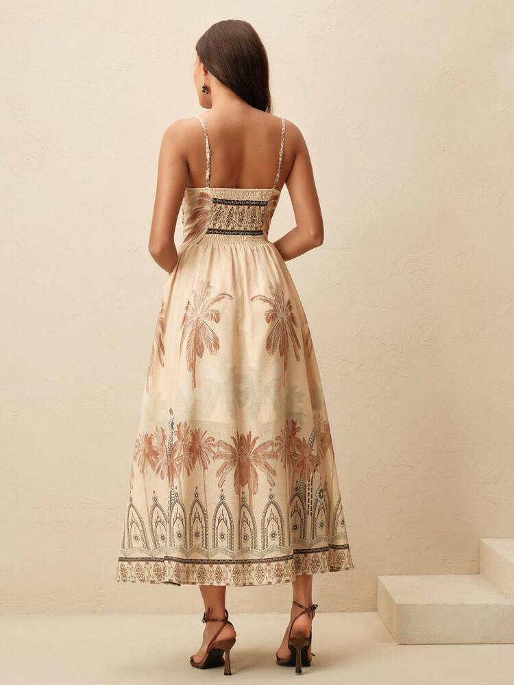 High Waist Printed Romantic Sleeveless Long Cinched Waist Dress, Summer Clothes For Women