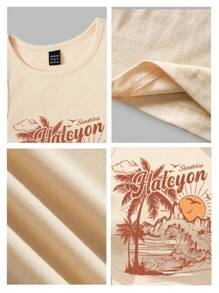 SHEIN EZwear Top camiseta ajustada de cuello redondo minimalista y casual con estampado tropical para mujer, de verano