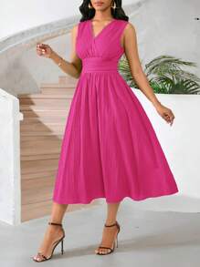 SHEIN Lady 节日连衣裙 女士中长款无袖夏季连衣裙 绿色编织纹理面料 - 玫紅色 - 查看 5