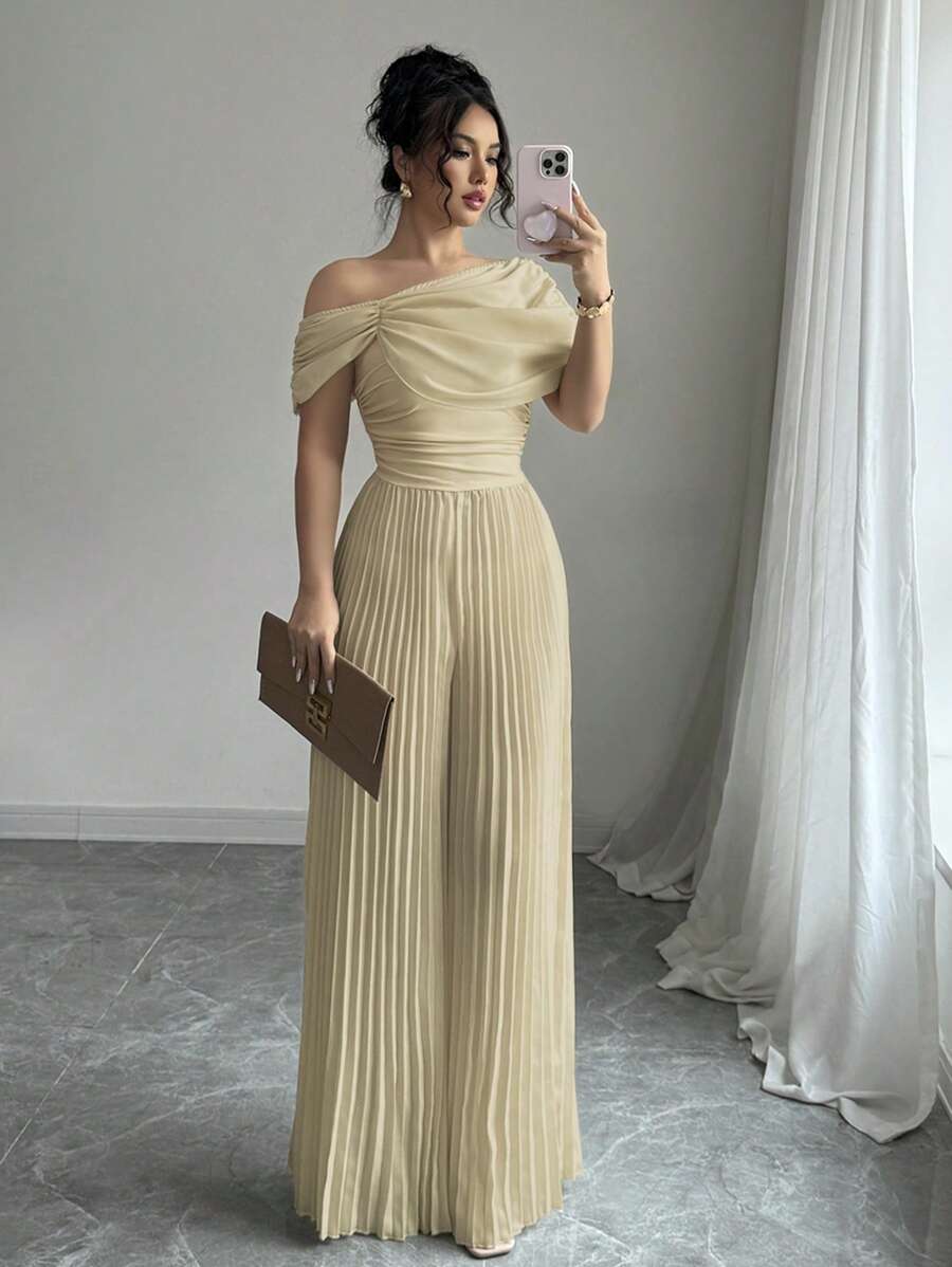 Rafferiza 女士优雅简约设计褶皱连体裤 - 摩卡棕 - 查看 1