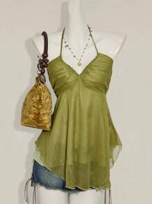 SHEIN ICON Top holgado de tirantes con escote en V fruncido para vacaciones - Verde - Ver 1