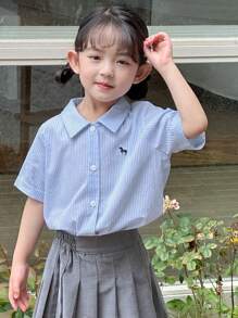 Dazy Kids 女童编织条纹刺绣短袖衬衫，夏季 - 藍色 - 查看 8