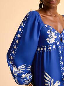 CAJUNI Women's Boho Tropical Print Long Puff Sleeve Cutout Front Short Dress, Casual Summer Holiday Dress - Multicolor - View 5