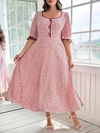 SHEIN Clasi Plus Size Women Short Sleeve Cinched Waist Floral Print Dress,Summer Dresses For Women,Vestidos Elegantes De Mujer,Graduation Dress,Pink Dress,Pink Dress For Women,Pink Dresses,Hot Pink Dress,Vestido Rosa,Baby Pink Dress,Pastel Dress,Robe Rose