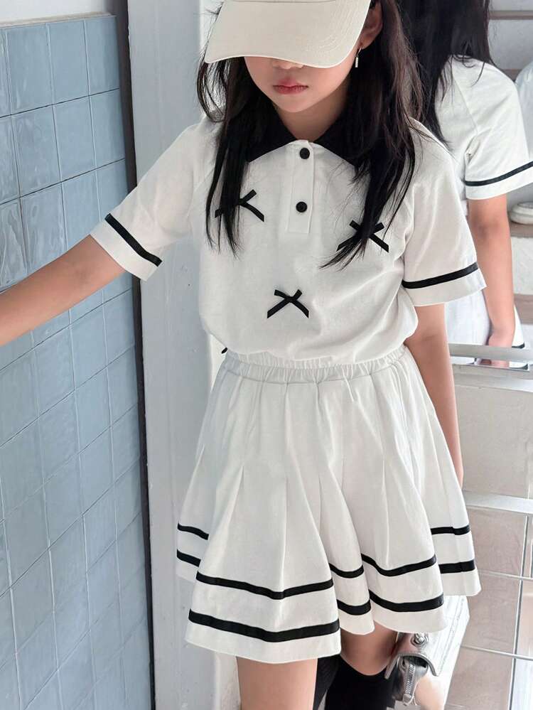 Tween Girls Color Block Bow-Accent T-Shirt Outfit, Summer