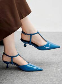CUCCOO BIZCHIC 女士时尚尖头链条装饰露背小猫蓝色高跟鞋 - 寶藍色 - 查看 3
