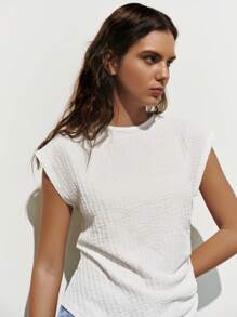 Lumivelle Top asimétrico con cuello redondo y sin mangas plisado, camiseta con decoración plisada, camiseta de cuello redondo, sin mangas, simple, asimétrica, con cintura fruncida, camiseta informal de tela texturizada y cintura fruncida - Blanco - Ver 7