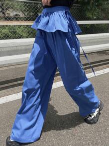 FRIFUL 两件套女士纯色藏蓝色可拆卸臀片弹力腰直筒裤假日套装秋冬度假装 - 藍色 - 查看 6