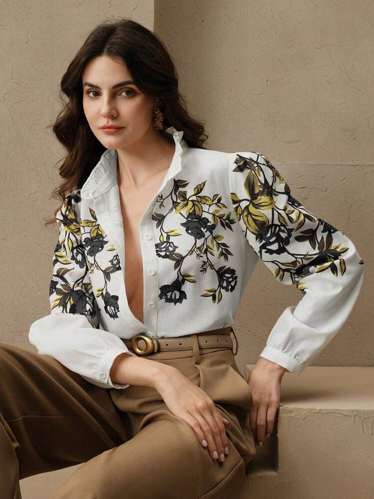 Damen elegante digitale Muster Stehkragen modische Langarm Bluse, Elegant Damen Blusen und Hemden, Seide Bluse für die Arbeit