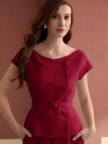 MOTF PREMIUM BATWING SLEEVE DOUBLE BREASTED PLACKET BUCKLE BELTED BLOUSE - Red - View 4