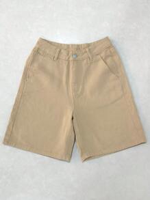 Livesso 女式猫须做旧直筒 5 英寸牛仔短裤，返校服装 - 卡其色 - 查看 8