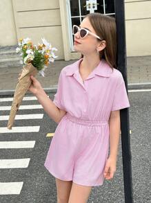 Tween Girl Pink Striped Casual Romper - Pink - View 4