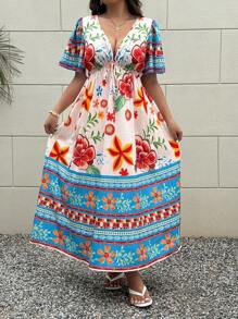 Flirla Plus Size Holiday Style V-Neck Tropical Floral Print Shift Dress - Multicolor - View 3