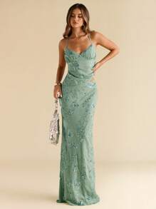 SHEIN BAE Váy thêu kim tuyến thanh lịch cho nữ, mùa hè - Màu xanh Bạc hà - Xem 6