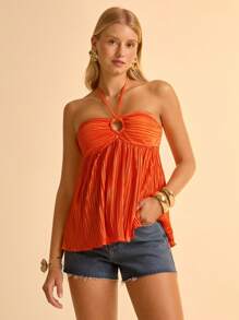 CAJUNI 女式夏季波西米亚风橙色褶皱面料休闲度假沙滩抹胸短款上衣 - 橘色 - 查看 1