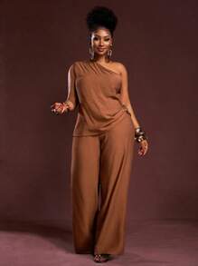 Veslaya 2025新款夏季休闲优雅度假日常约会通勤生日派对沙滩度假单肩斜下摆金属装饰上衣+阔腿裤超长裤棕色梭织面料女加大两件套-B