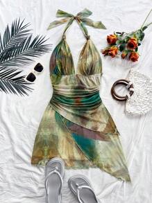 Soleia 性感复古渐变色露背 V 领系带网眼褶皱不对称下摆浪漫度假迷你连衣裙女 - 彩色 - 查看 6