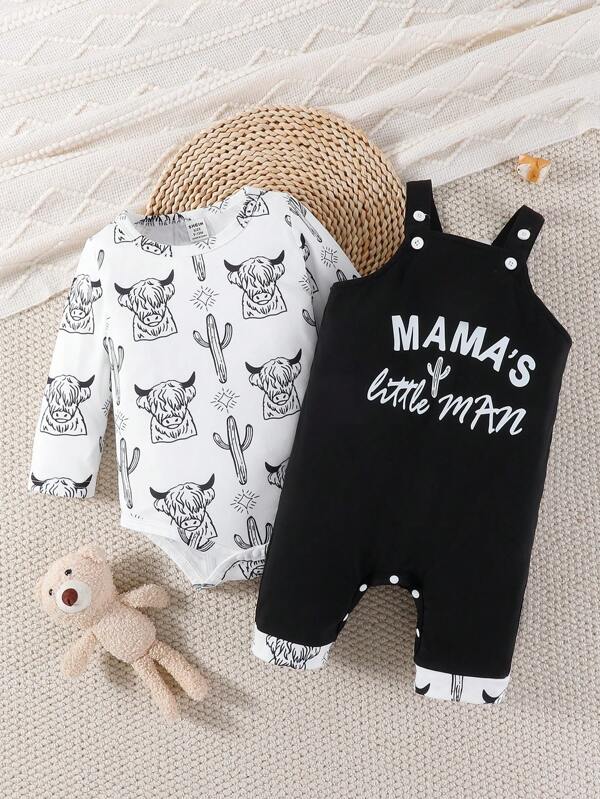 SHEIN 2pcs/Set Baby Boy Summer Casual Cute White Printed Long Sleeve Romper + Black Bib Shorts, Letter Print Suitable For Daily, School, Gatherings Clothes Baby Boys Clothes Baby Brand Baby Clothes Boy Clothes For Baby Baby Boys Rompers Unisex Baby Clothes