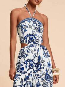 Travachic Floral Print Cut Out Waist Halterneck Jumpsuit For Summer Vacation - Blue and White - View 6