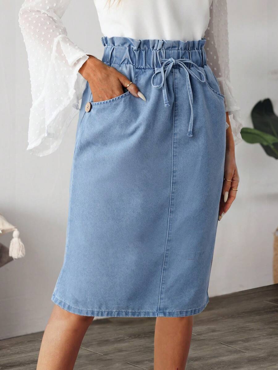 EMERY ROSE 女士休闲水洗抽绳腰牛仔迷你裙 - 藍色 - 查看 1