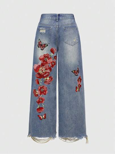 Jeans de ajuste holgado con bordado floral vintage para primavera/verano
