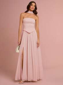 Enchnt Women's Elegant Strapless High-Slit Midi Dress, Pink - Pink - View 4