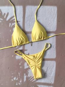 Swim Chiccia Women's Solid Color Halter Metal Pendant Jewelry Set, Sexy Thong Bikini Swimsuit For Summer - Yellow - View 1