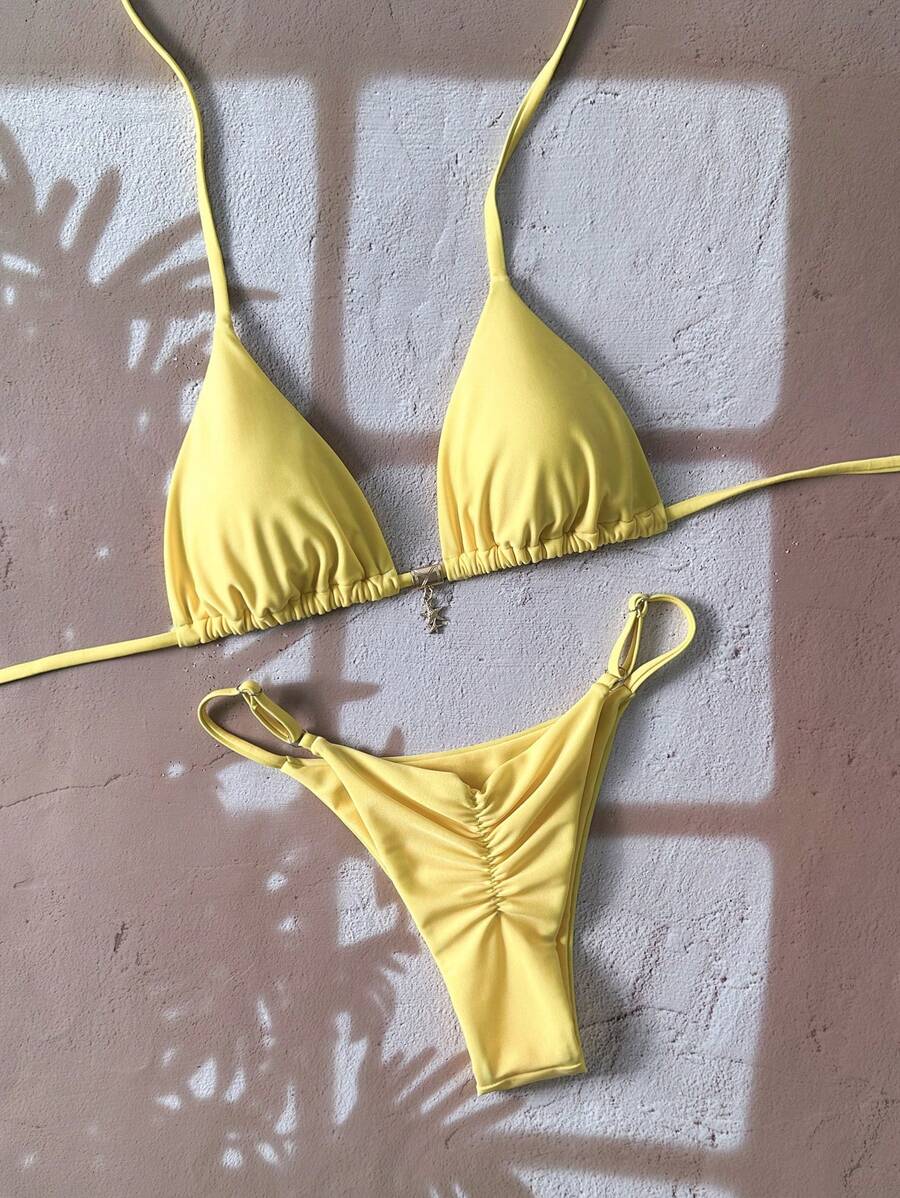 Swim Chiccia Women's Solid Color Halter Metal Pendant Jewelry Set, Sexy Thong Bikini Swimsuit For Summer - Yellow - View 1