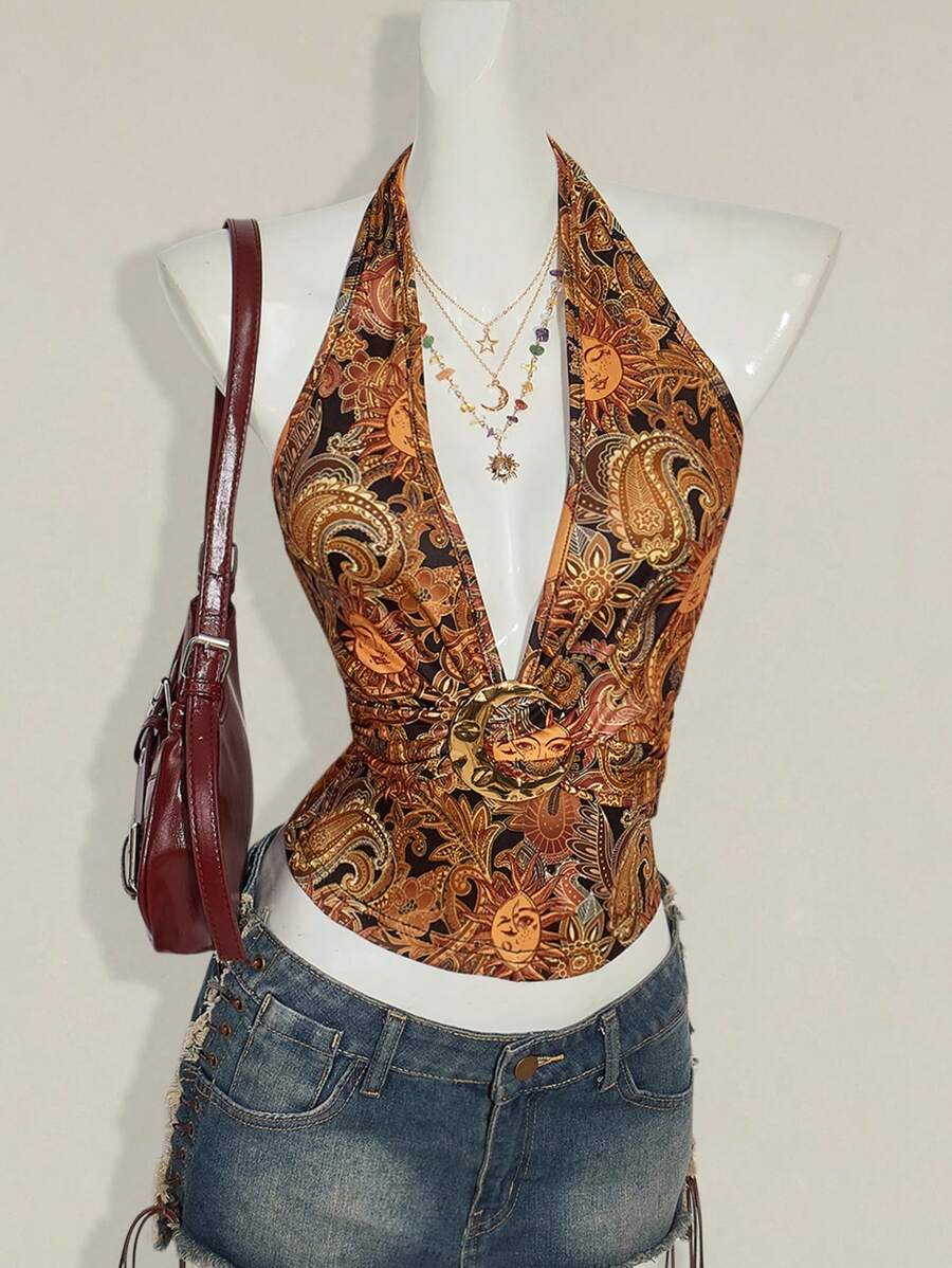 SHEIN ICON Áo hở lưng hở lưng cổ chữ V sâu in họa tiết Paisley gợi cảm mùa hè - màu nâu - Xem 1