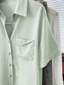 INAWLY 女士休闲条纹短袖衬衫，夏季 - 綠色 - 查看 8