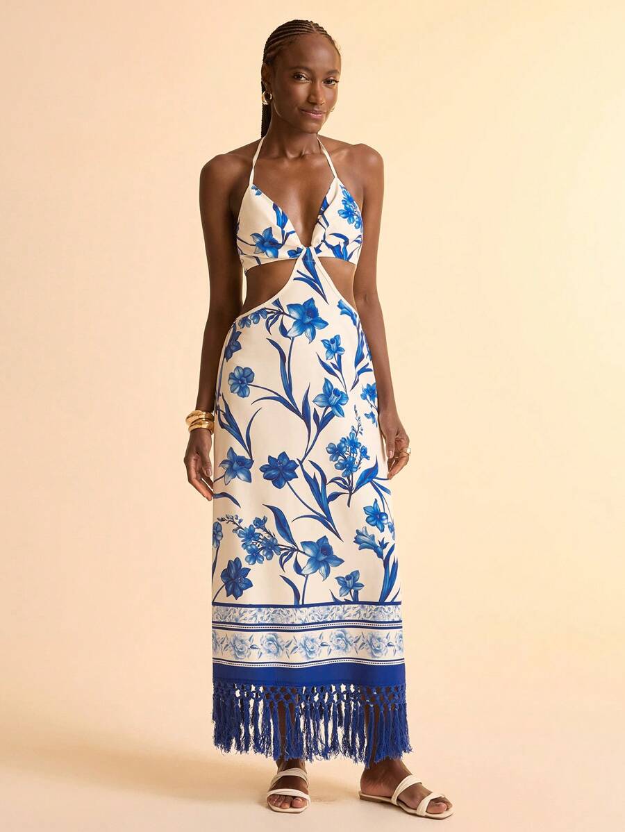CAJUNI 女士度假休闲流苏印花镂空长裙 - 藍白色 - 查看 1