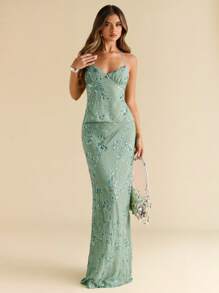 SHEIN BAE Váy thêu kim tuyến thanh lịch cho nữ, mùa hè - Màu xanh Bạc hà - Xem 5