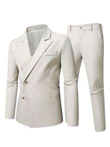 Manfinity Mode Conjunto de chaqueta y pantalón en talla grande para hombre, de unicolor y marrón jaspeado, de manga larga y cuello solapa