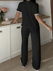 2pcs Women Casual Contrast Trim Top & Pants Loungewear Set Outfit - Multicolor - View 2