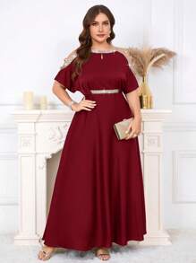 SHEIN Clasi 大码女式优雅拼布带肩部镂空设计连衣裙 - 酒紅色 - 查看 6