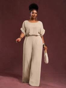 Veslaya Bộ 2 món mùa xuân/hè mới, phong cách thường ngày, công sở và nghỉ dưỡng, màu kaki trơn, tay raglan rộng rãi, cổ tròn, có túi và quần dài ống đứng, chất liệu vải dệt họa tiết, cỡ lớn dành cho nữ. Trang phục mùa hè cho nữ, bộ hai mảnh, phong cách cổ điển, phong cách công sở thường ngày. - Màu Khaki - Xem 6