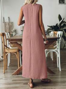 Breezaya 女式 V 领无袖纯色休闲宽松舒适连衣裙长款女装 - 粉色 - 查看 2