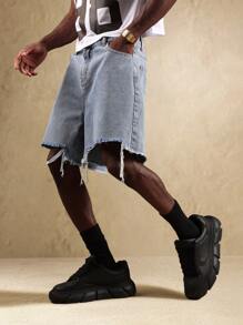 SUMWON Pantaloni scurți din denim cu croi larg, stil vintage, stil festival, croială lejeră, tiv brut, croială scurtă