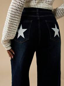 MISSGUIDED Wide Leg Star Pocket Jeans Retro 70s Style Denim Bottoms High Waisted Festival Western Flare Pants Fall Winter Fashion