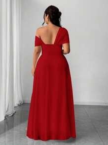 Elenzga 大码女士优雅浪漫婚礼派对礼服，雪纺单肩开衩长裙，适合春、秋、冬季穿着 - 紅色 - 查看 2