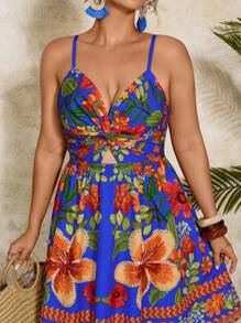 Travachic 大码度假宽松花卉印花扭结镂空吊带连衣裙 - 彩色 - 查看 6